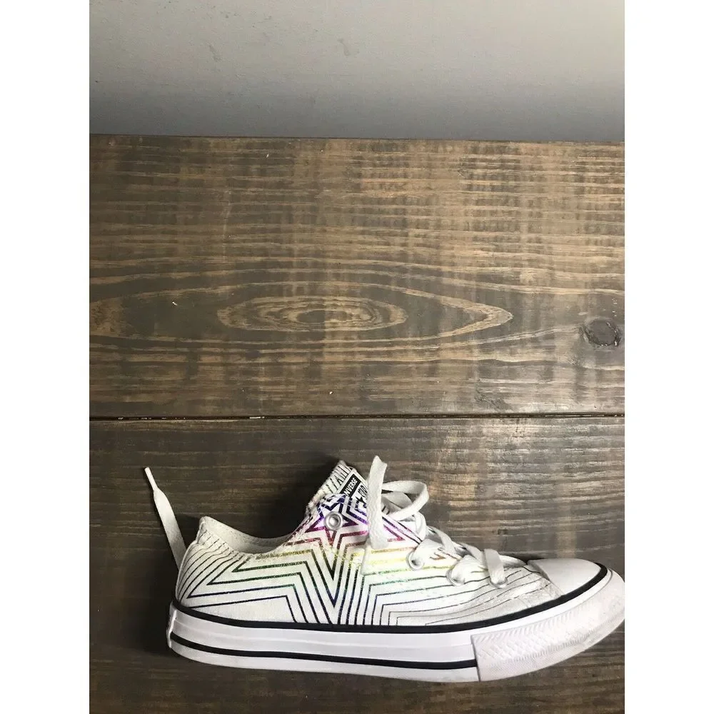 Converse Shoes Youth 3 Rainbow Star Sneakers White Canvas Low Top Casual 665398F